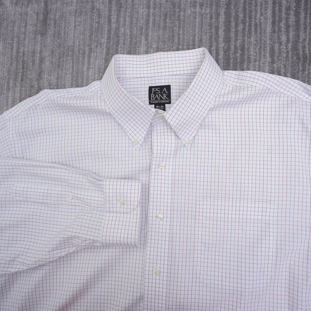 Jos. A. Bank Travelers Collection Tattersall Shirt Mens 18.5 34 White Blue‎ Red